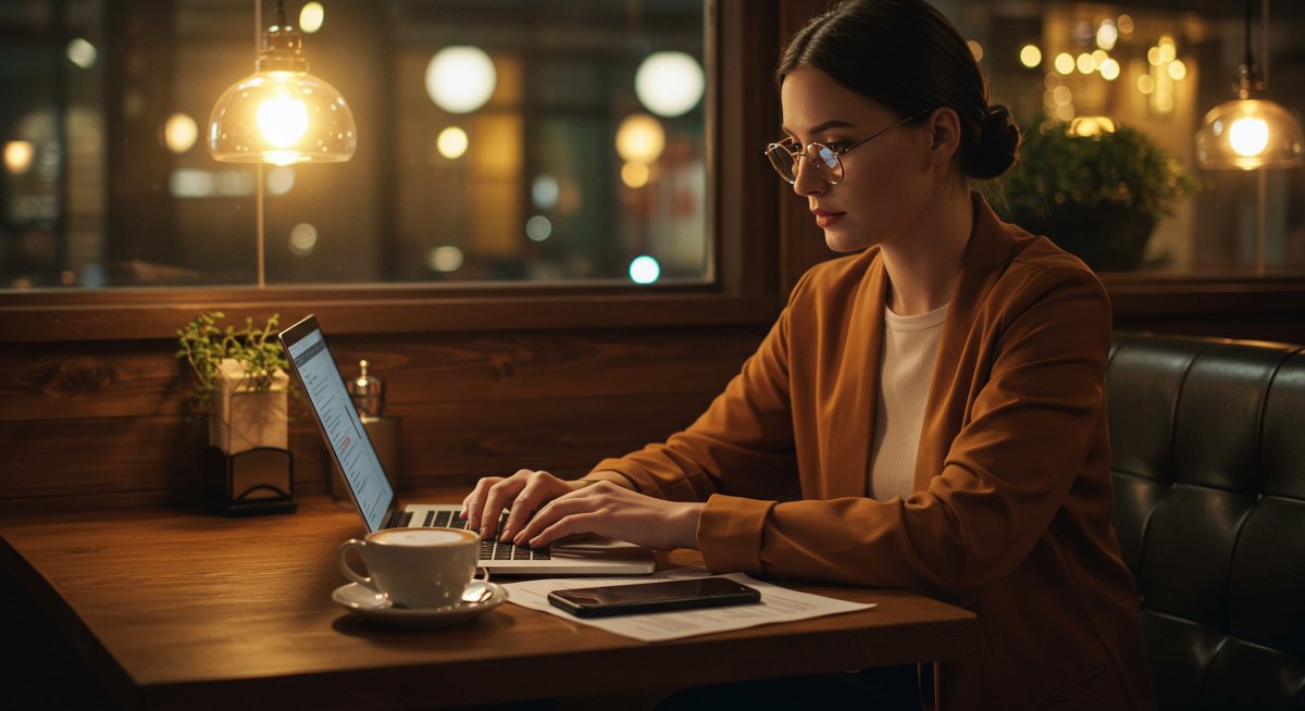 Beginner-friendly crypto trading scenario showing a woman researching private cryptocurrency swaps in a modern café environment