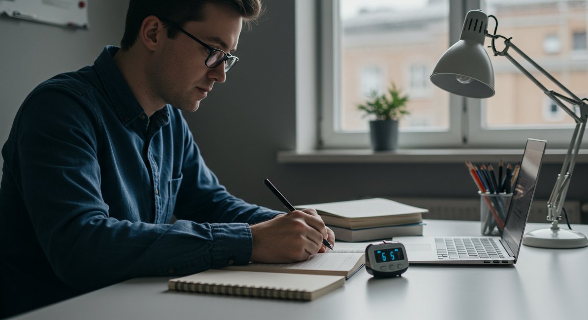 Student using Pomodoro timer for focused study with textbook and laptop