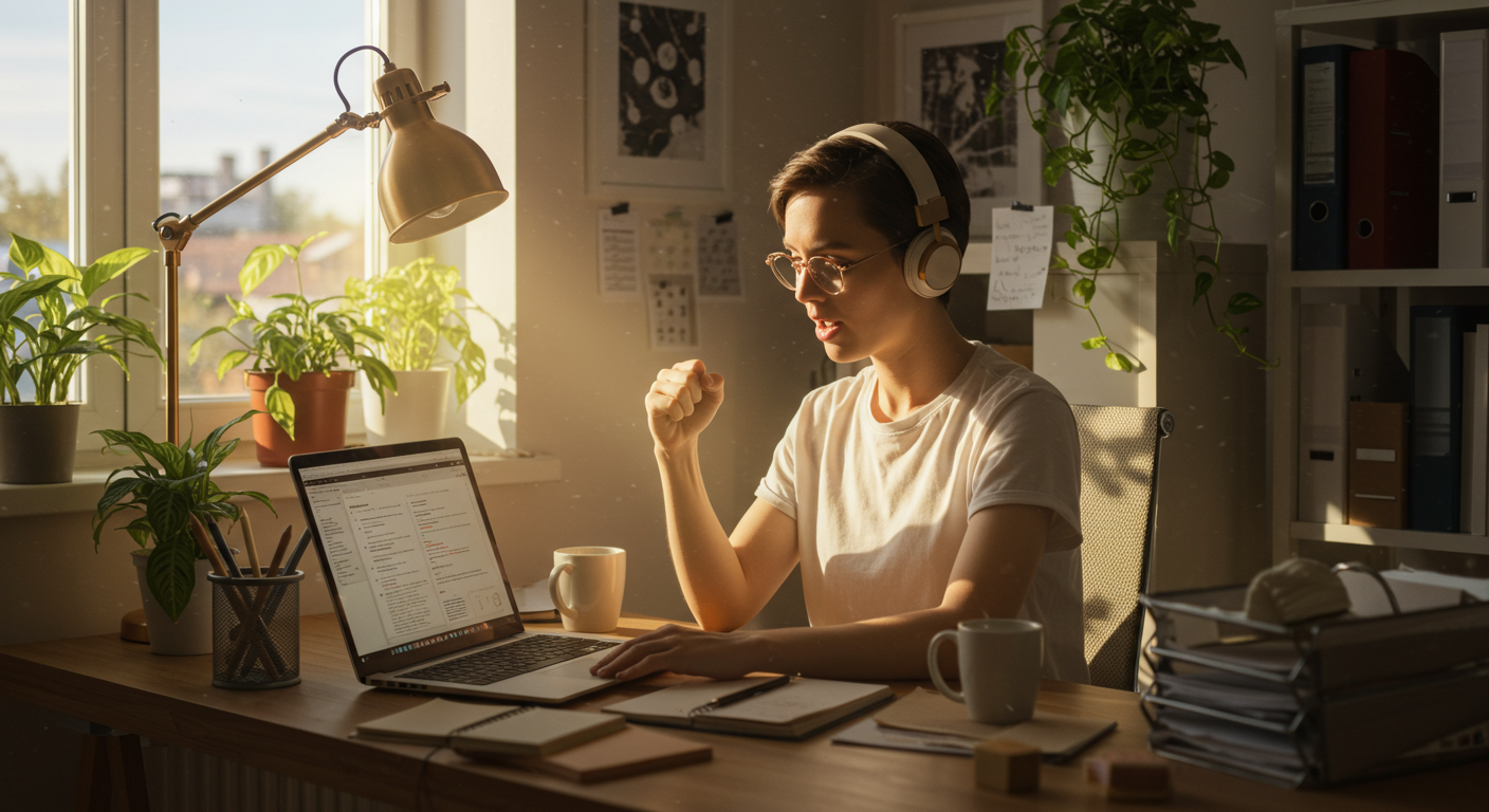 Minimalist home office with decluttered desk and a person celebrating a minimalist milestone, encouraging home organization.