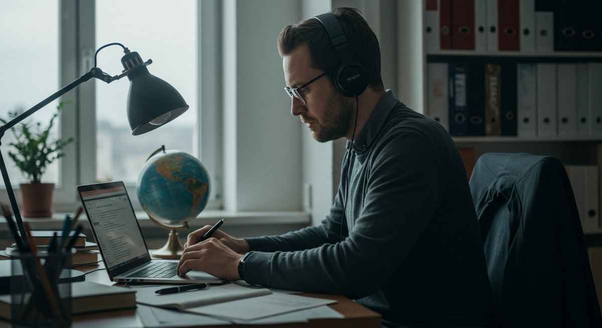 Adult learner overcoming learning plateau with focused study in professional workspace