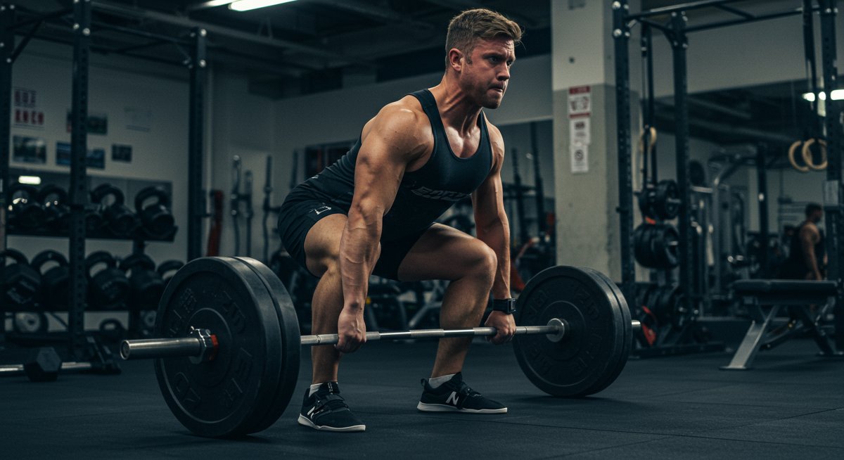 Person doing deadlifts in gym with dramatic lighting