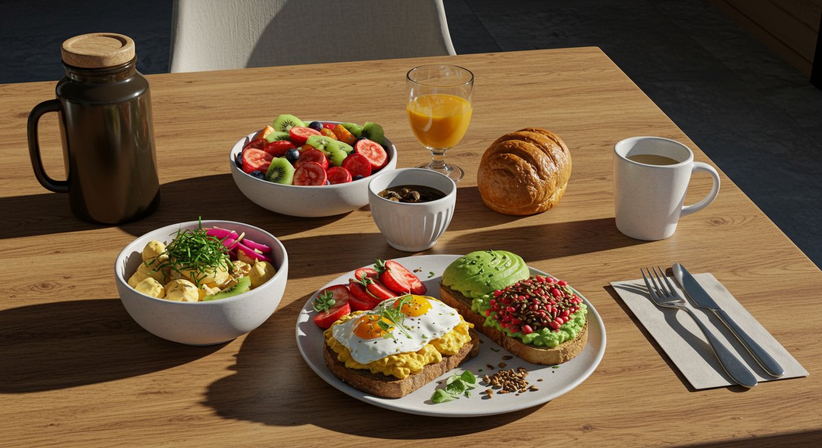Delicious vegan breakfast featuring fresh fruit, avocado toast, and plant-based eggs on wooden table in modern kitchen