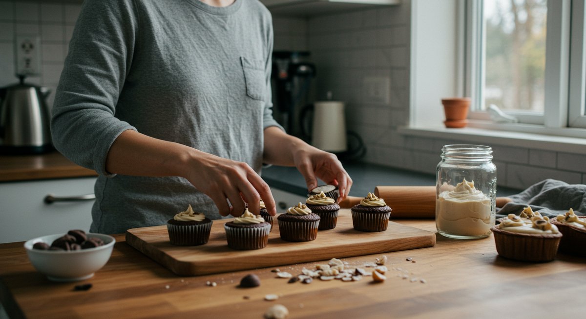 Vegan baking made simple: Asian woman arranging gluten-free chocolate cupcakes in a modern kitchen with natural light