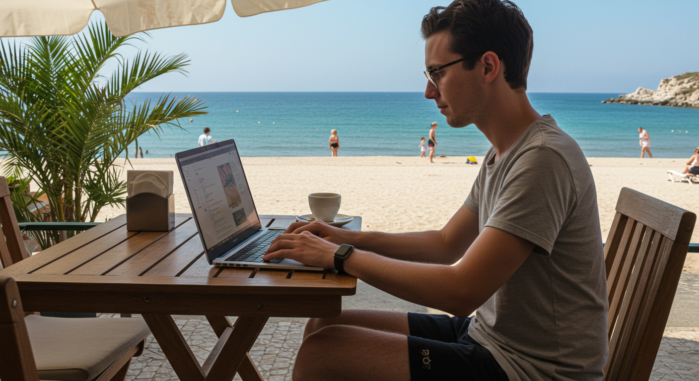 A digital nomad working on a laptop in a beachside cafe, showcasing an efficient remote work setup and the freedom of location-independent living. Focus on tech essentials and workflow.