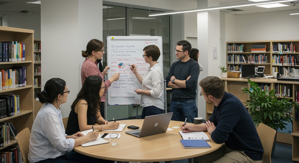 Adult learners working together on goal-setting strategies in a modern library setting with digital and physical tools
