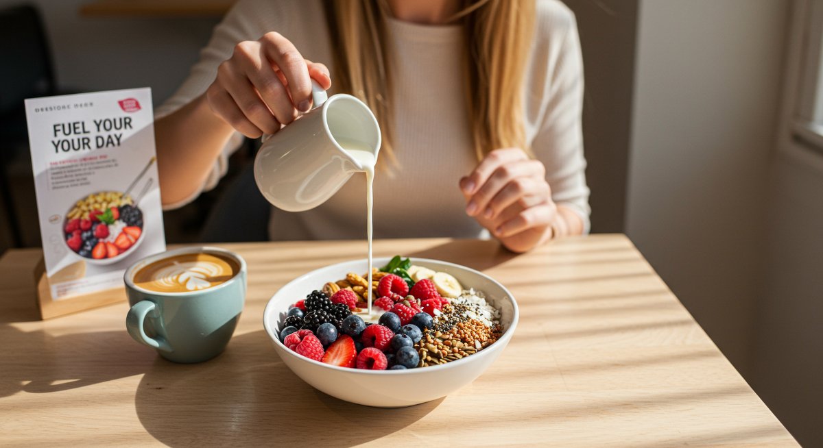 Healthy breakfast bowl with berries, nuts, and seeds, coffee, and recipe card for busy professionals.