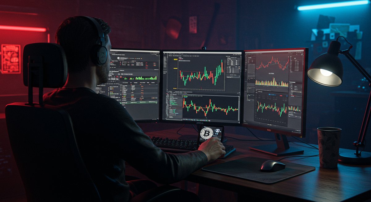 Bitcoin-backed loan analysis with hardware wallet and crypto charts in tech-filled workspace