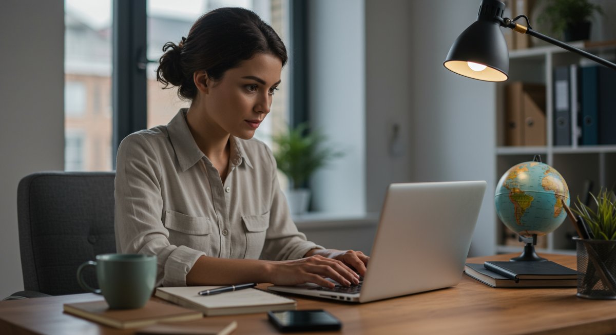 Adult learner reviewing online courses with professional study setup