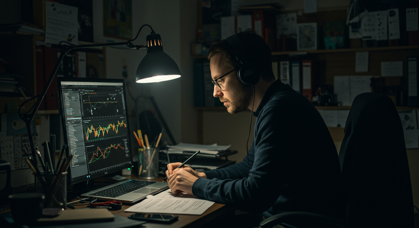 Person analyzing cryptocurrency trading strategies at home