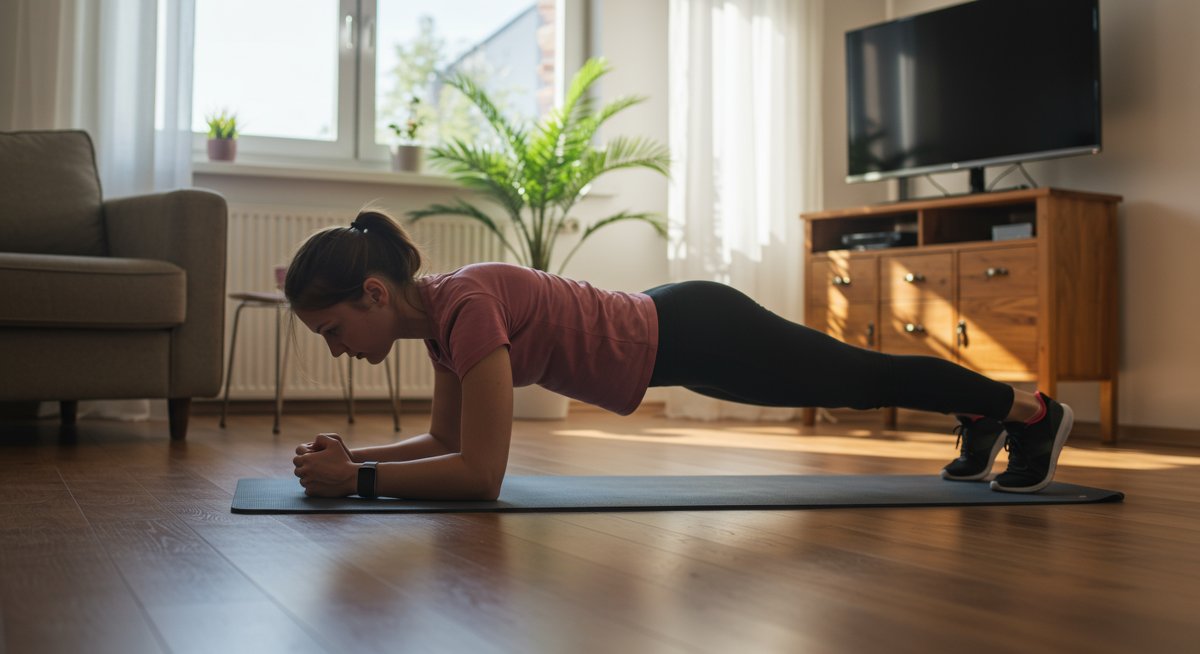 Person doing planks at home with natural lighting