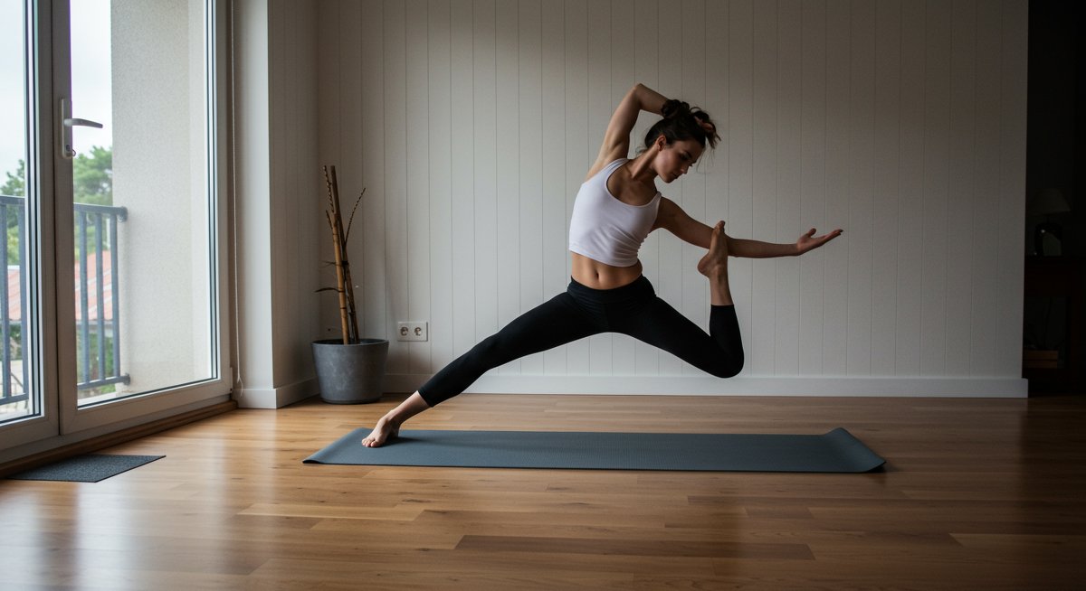 Desk worker practicing yoga at home to reduce burnout and boost energy levels