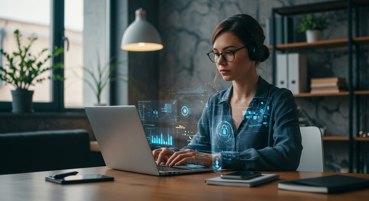 Digital nomad cybersecurity best practices: secure remote work setup with encryption symbols and network security elements