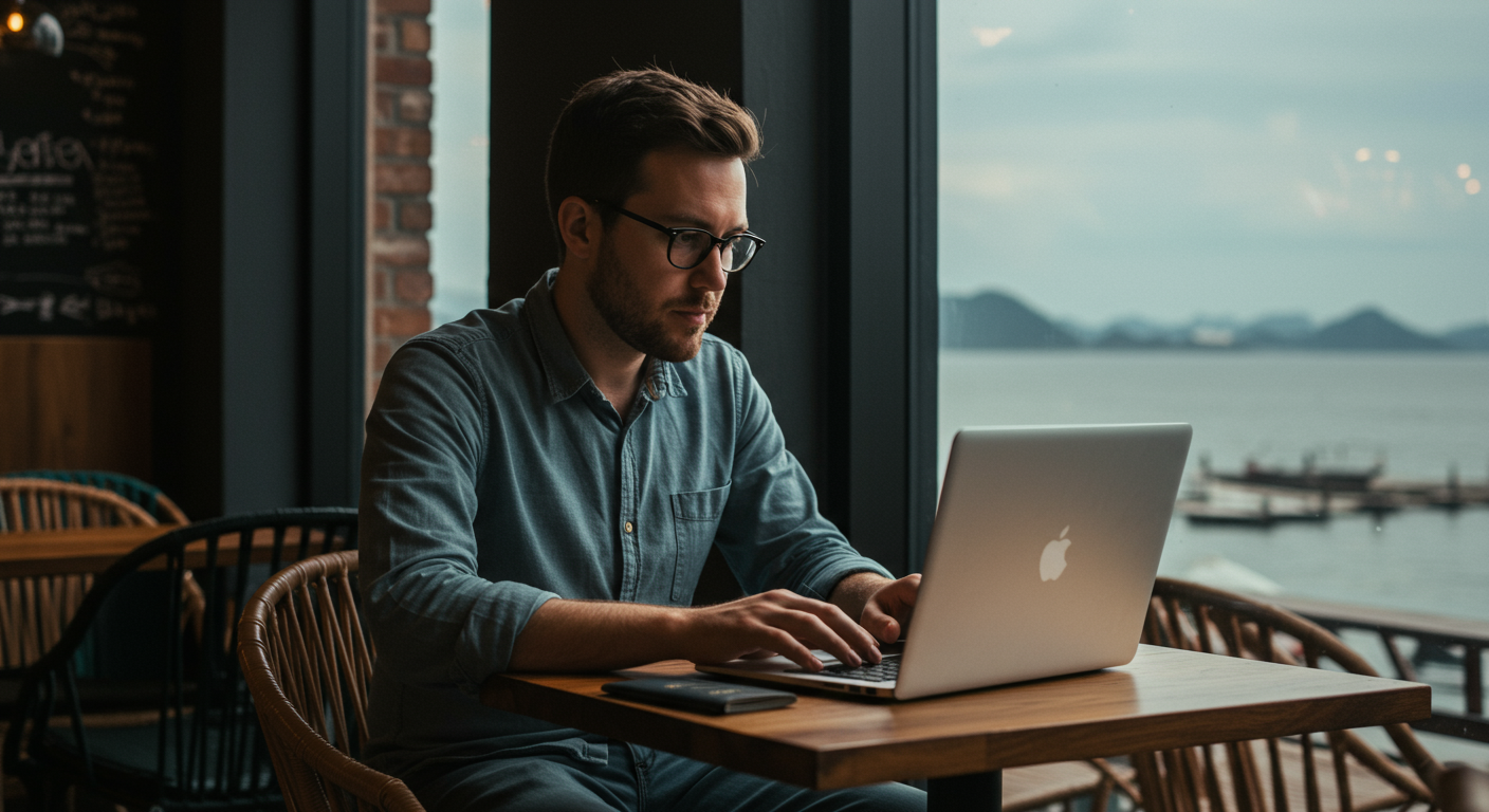 Experienced male digital nomad reviewing visa application documents at a modern cafe, passport and laptop visible, focusing on visa requirements and planning for remote work abroad.