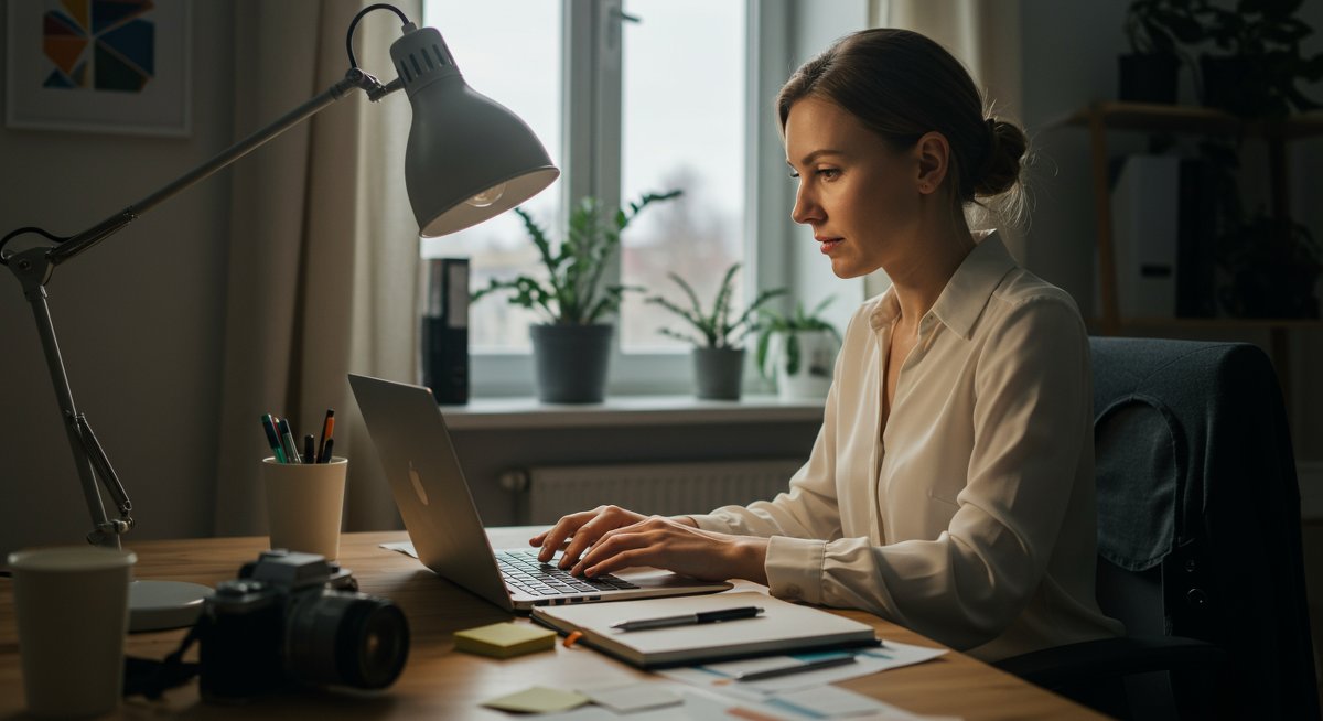 Professional woman working on personal branding strategy in modern office with branded materials