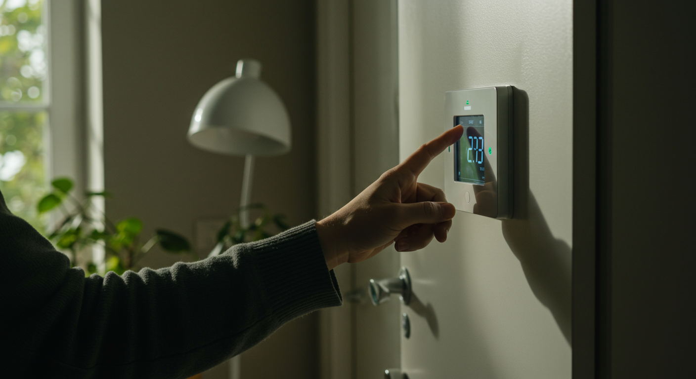 A person adjusting a smart thermostat in a bright, airy home, showcasing energy-saving practices for sustainable living.
