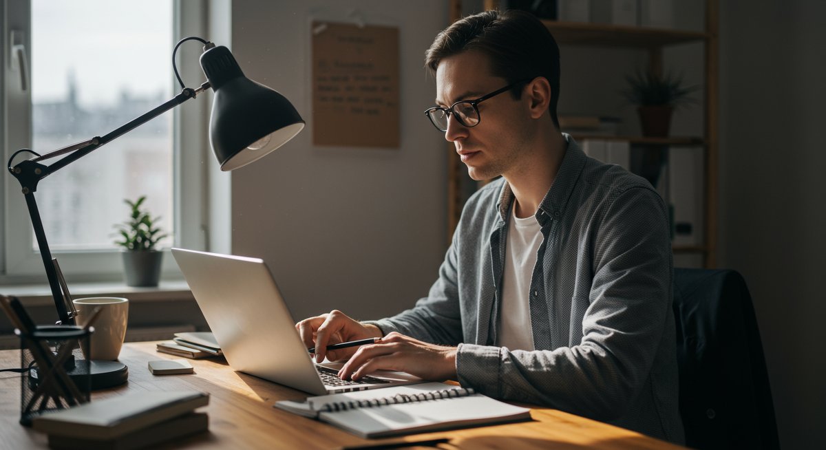Adult learner setting learning goals with digital planner and laptop in modern office environment