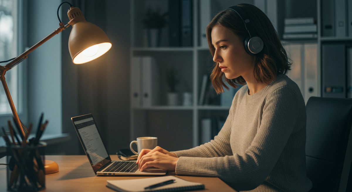Professional woman using Pomodoro timer for time-effective studying in modern office environment