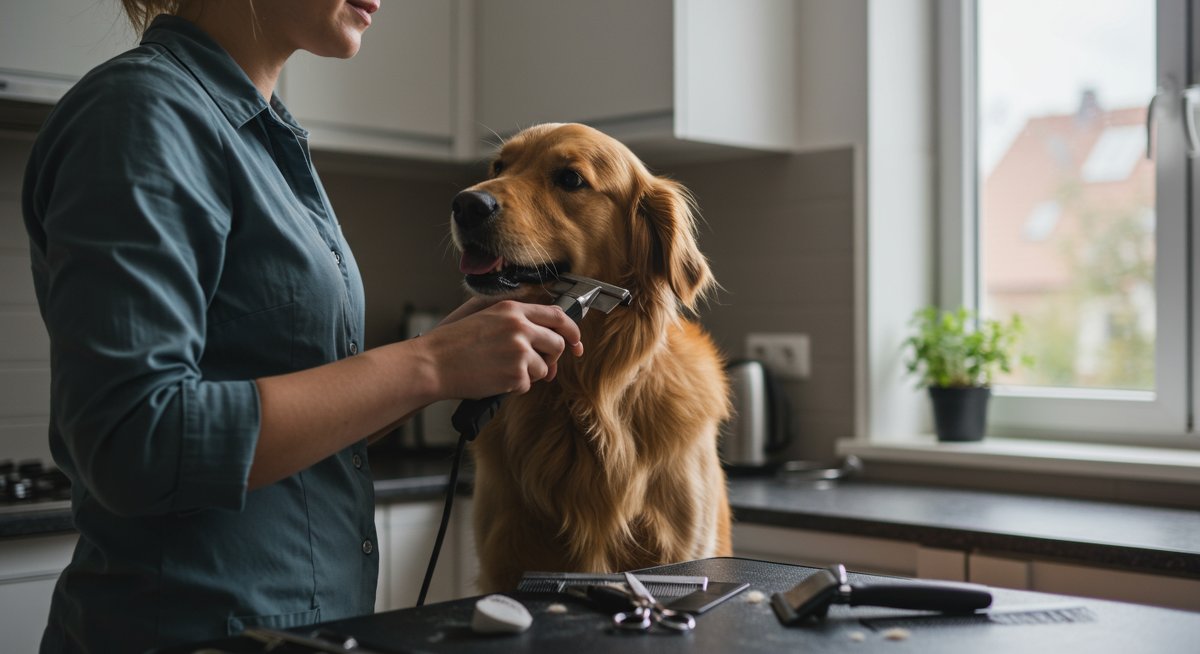 Professional dog grooming tools in use with a Golden Retriever, emphasizing shedding reduction techniques for experienced pet parents