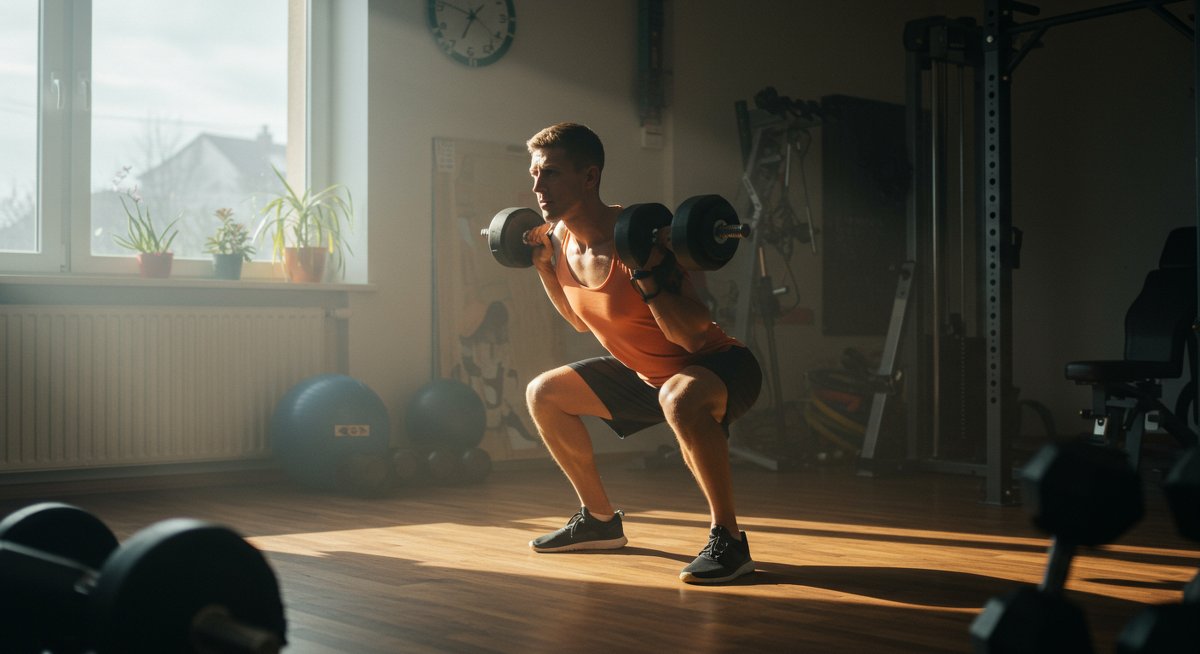 Person doing squats with dumbbells in home gym with natural lighting