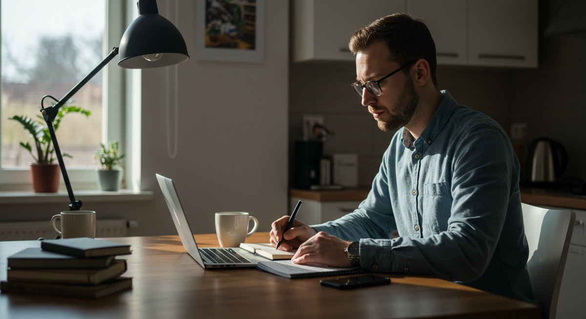 Minimalist finances guide illustration showing a man creating a budget plan at a modern kitchen table with laptop, notebook, and coffee mug