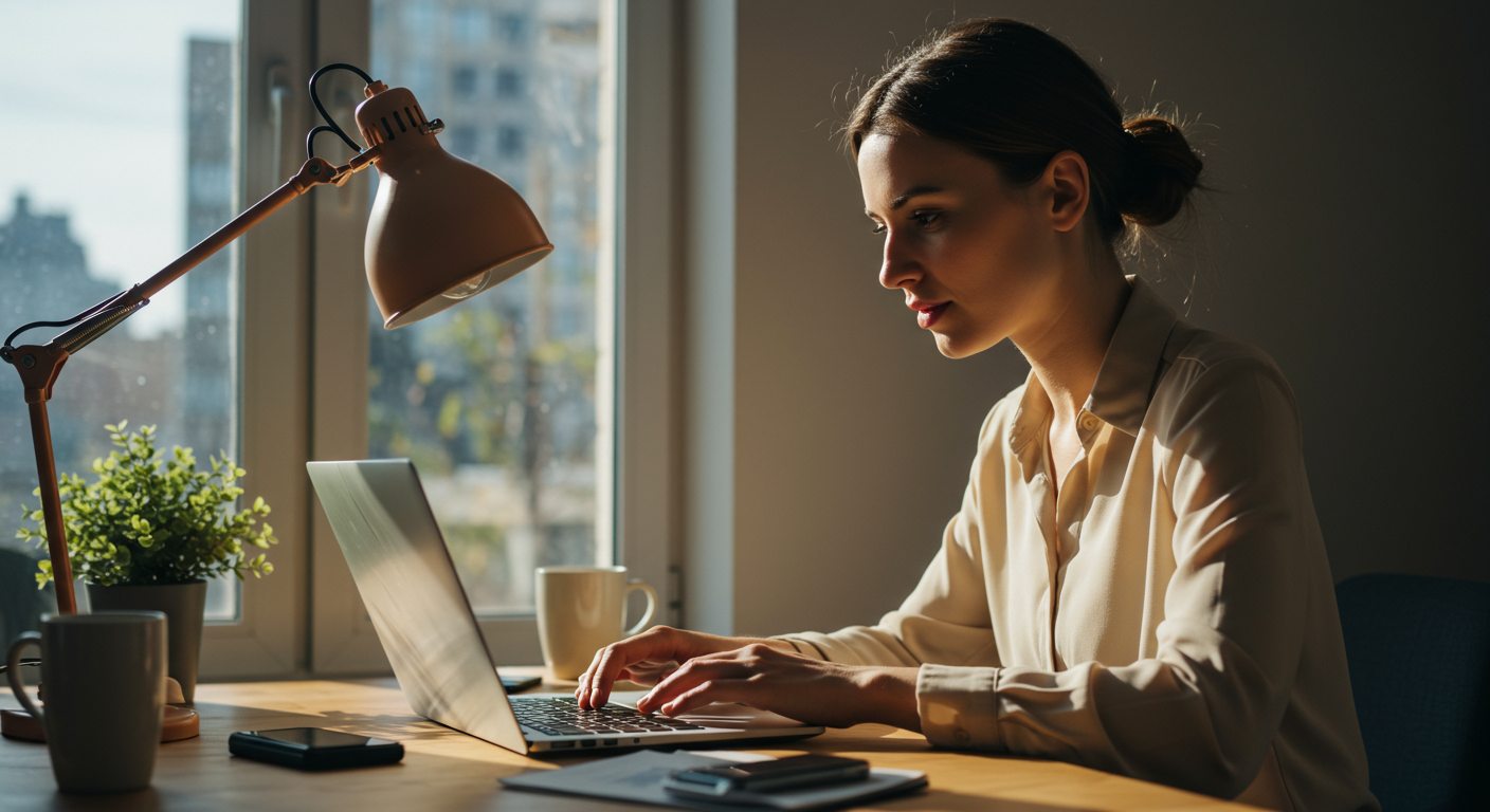 A woman reviewing her budget on a laptop in a modern co-working space. The image emphasizes financial planning and cost management for digital nomads.