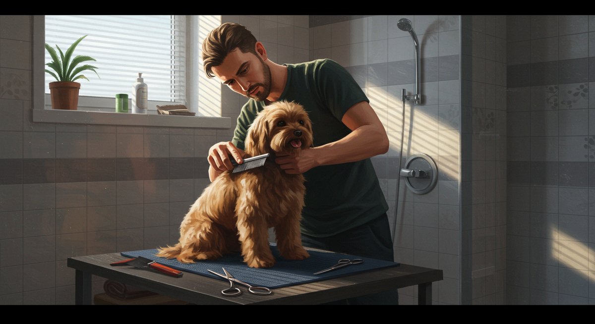 Dog grooming tips for experienced pet parents: Man brushing dog's coat with grooming tools in modern bathroom setting