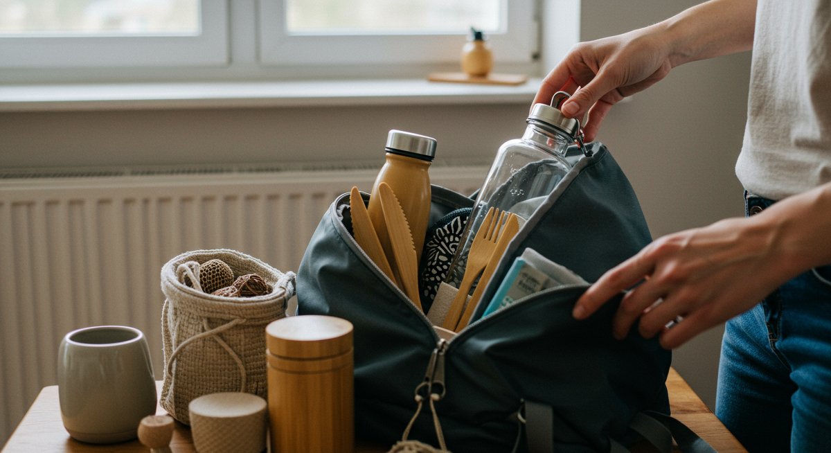 Person packing a sustainable travel backpack with reusable items, promoting eco-friendly travel.