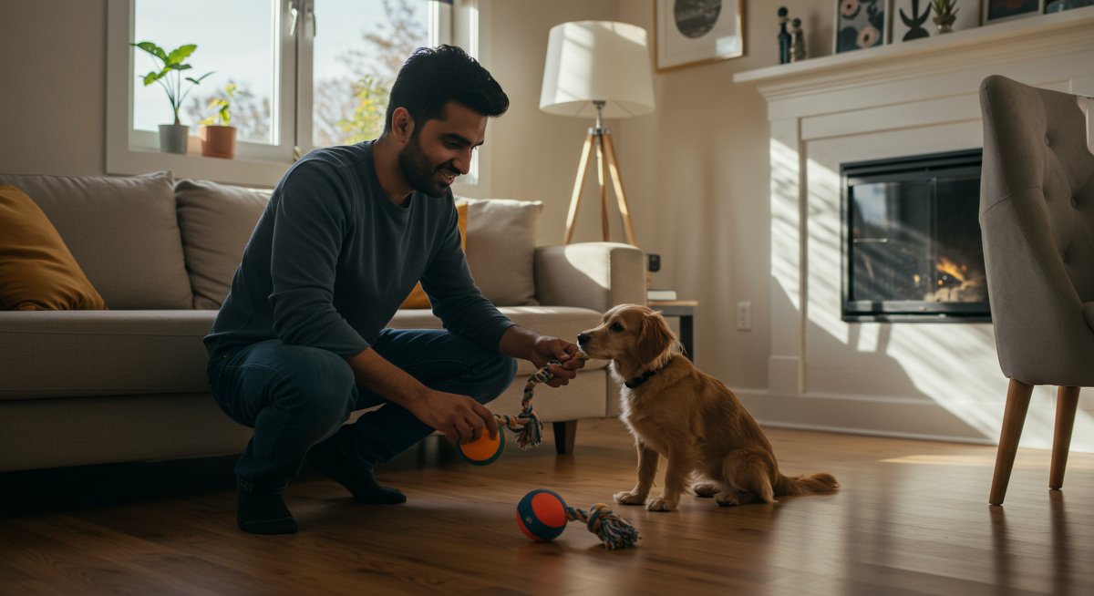 Affordable dog toys for new pet owners: budget-friendly rubber ball, rope toy, and chew toy in a clean living room setting