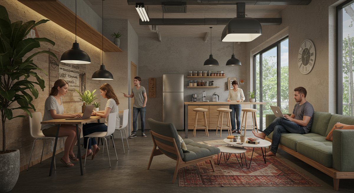 Digital nomads in a vibrant co-living space in Southeast Asia, showcasing collaborative work and social interactions in a modern, communal environment.