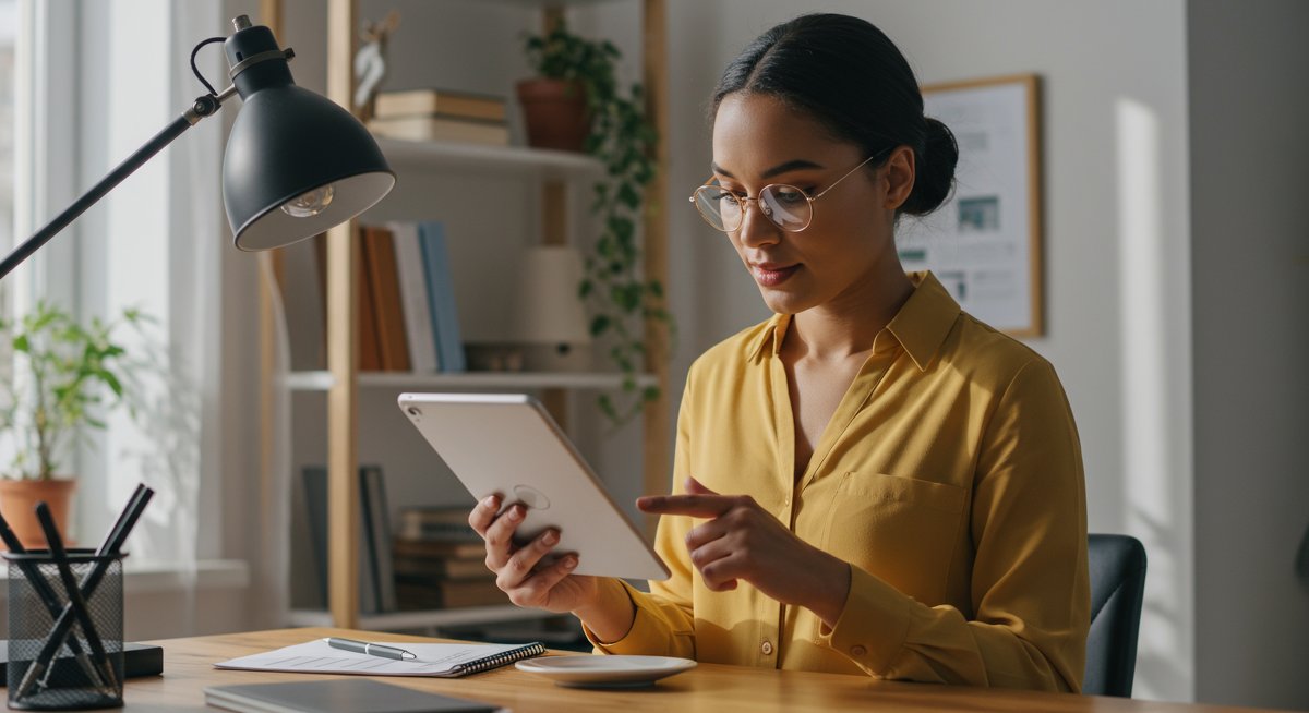 Woman reviewing digital budget on tablet in home office, managing variable income.
