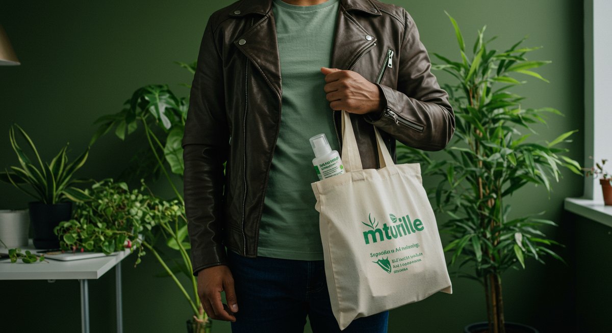 Vegan fashion guide illustration showing man in sustainable style wearing cruelty-free clothing with ethical fashion branding elements