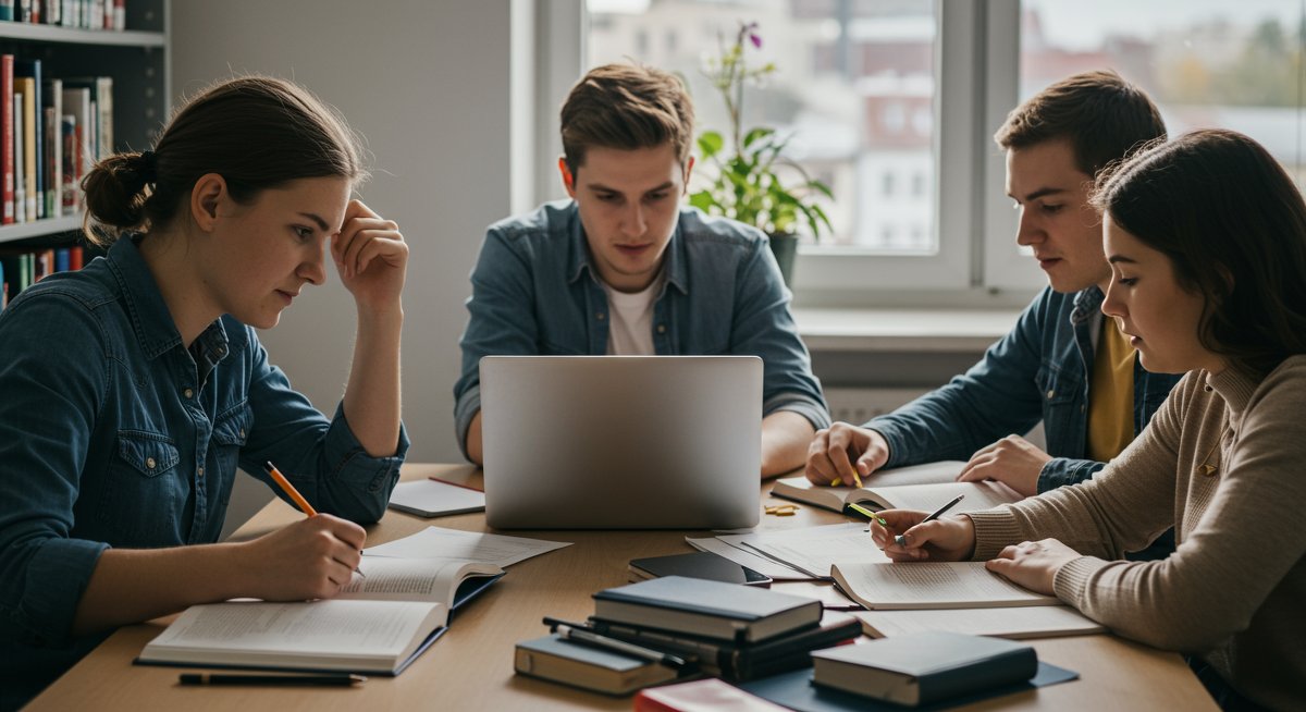 Diverse group of students studying collaboratively in a library, using study techniques to conquer test anxiety and achieve exam success.