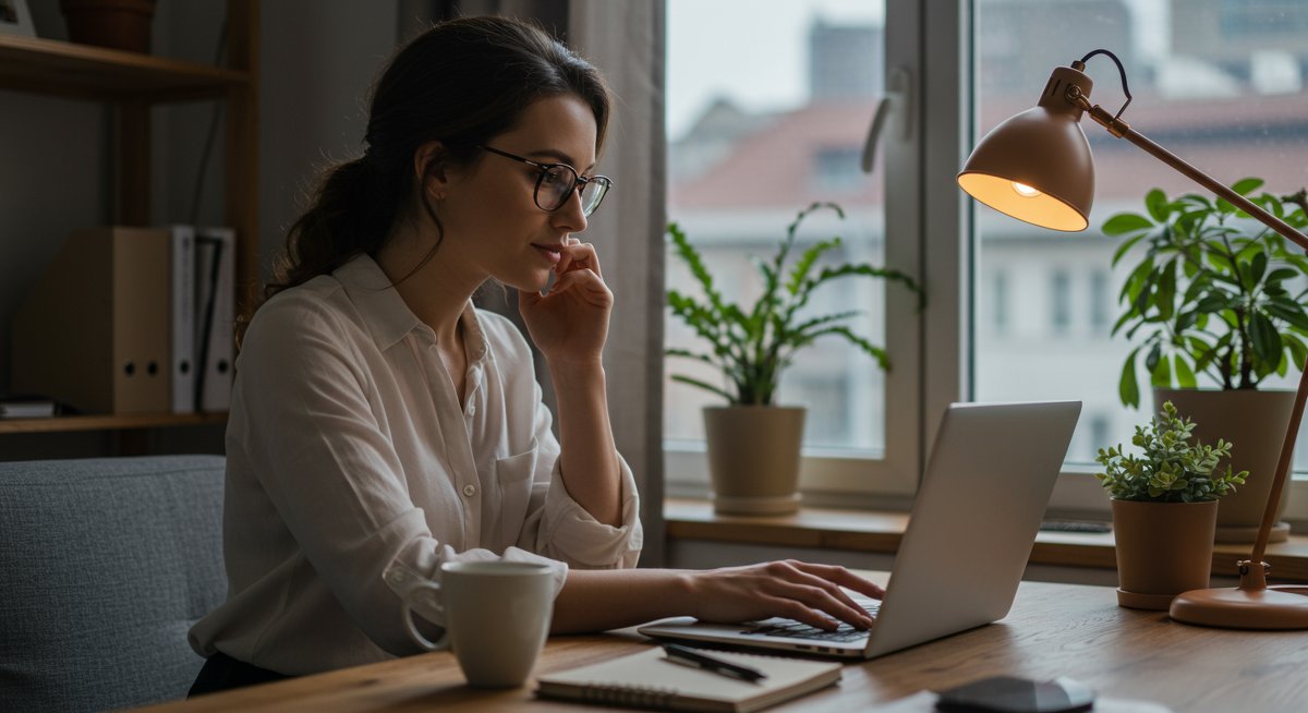 Woman reviewing budget on laptop in home office, promoting financial stress relief through budgeting tactics.