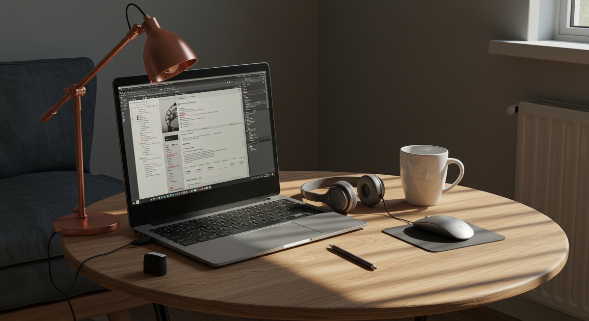 A clean, modern remote work setup for beginners showing essential tools like a laptop, portable monitor, ergonomic mouse, and noise-canceling headphones in a co-working space environment.