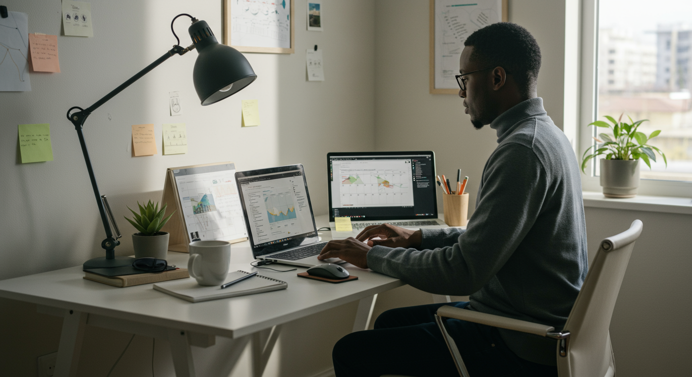A person working productively at a desk with a laptop and calendar, embodying effective task prioritization.