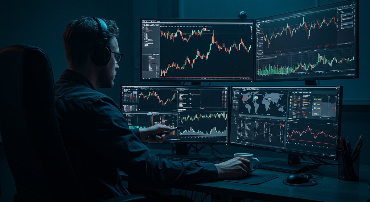 Crypto trader evaluating XRP market movement across blockchain networks with digital analytics tools