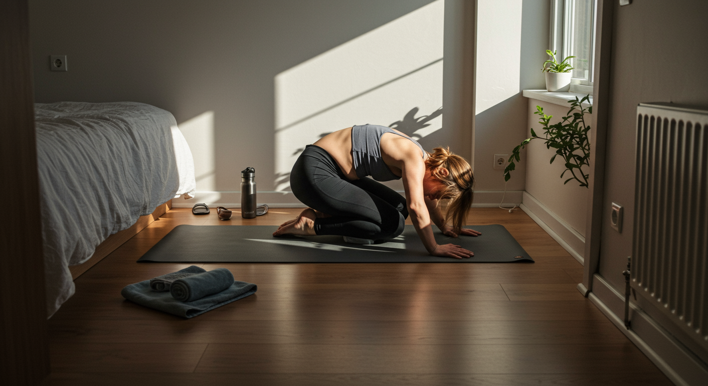 A person practicing yoga at home in a serene bedroom, promoting flexibility and mindfulness.
