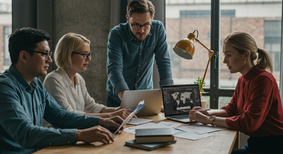 Experienced digital nomads analyzing credit card rewards and travel benefits in professional workspace