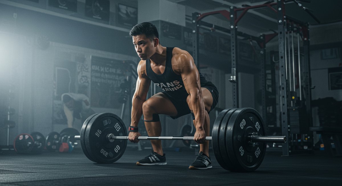 Athlete doing deadlifts in gym with dramatic lighting