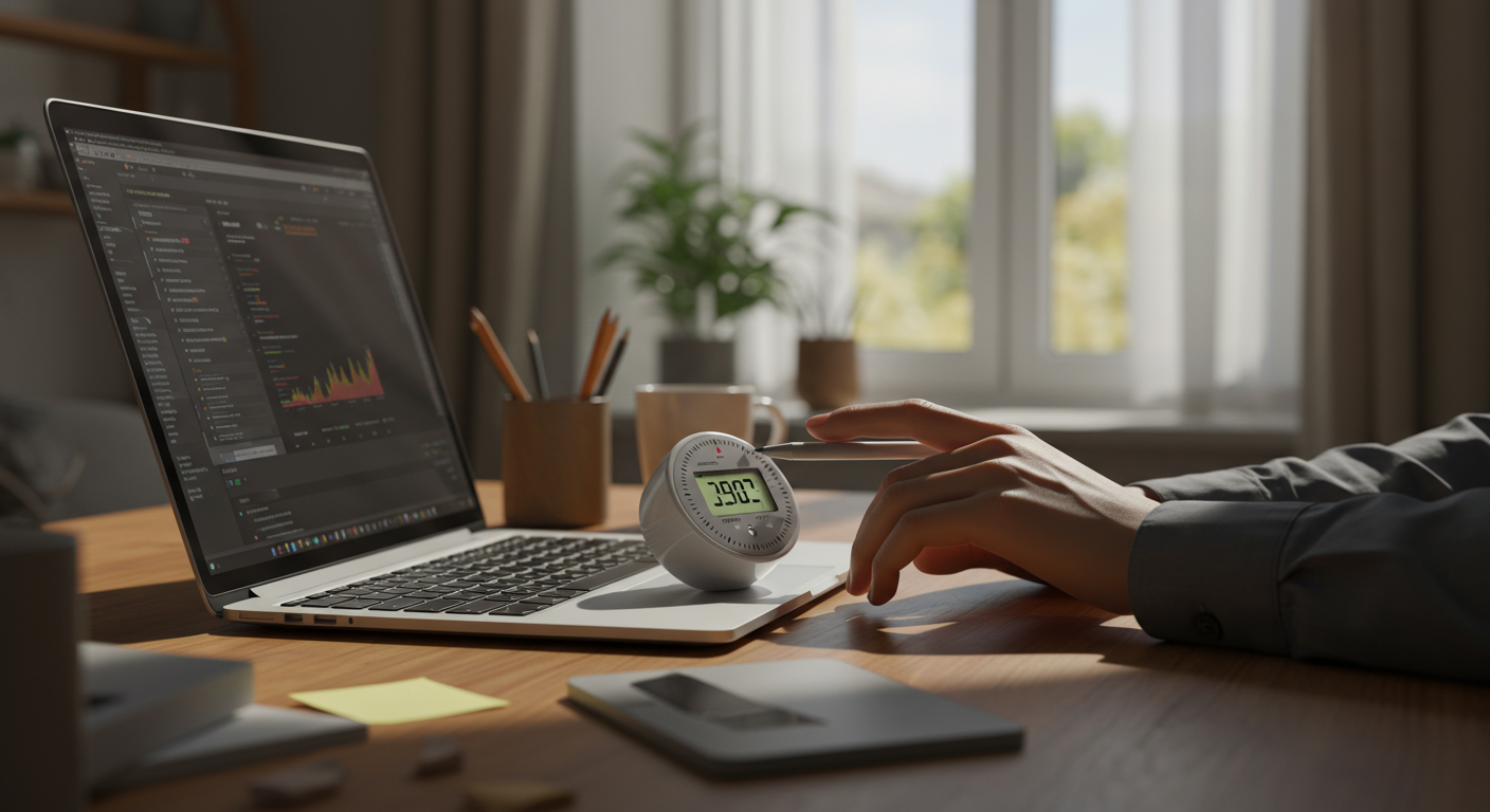 A person at a desk using a Pomodoro timer to focus on work, with a clean and organized workspace.