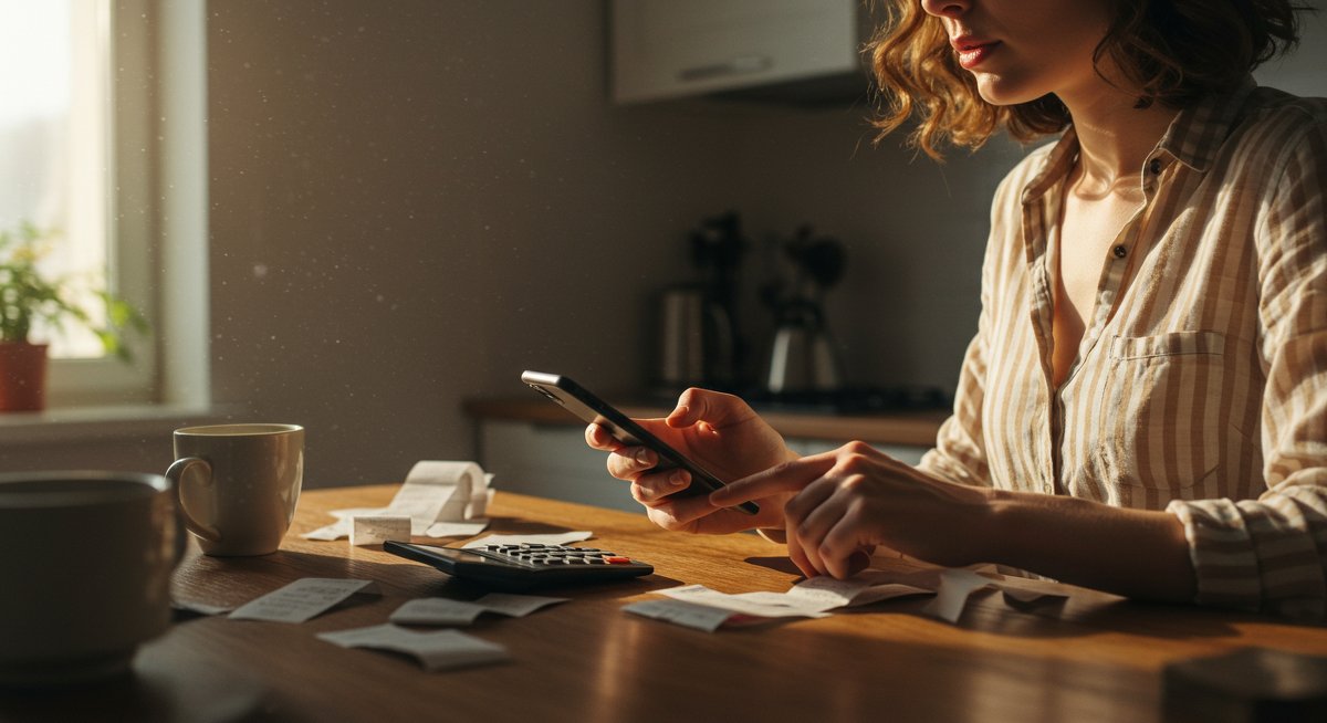 Budgeting for beginners: Young woman using phone calculator app to track expenses with scattered receipts in modern kitchen