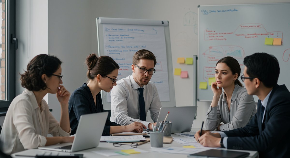 Mid-career professionals engaged in collaborative problem-solving in a modern office environment
