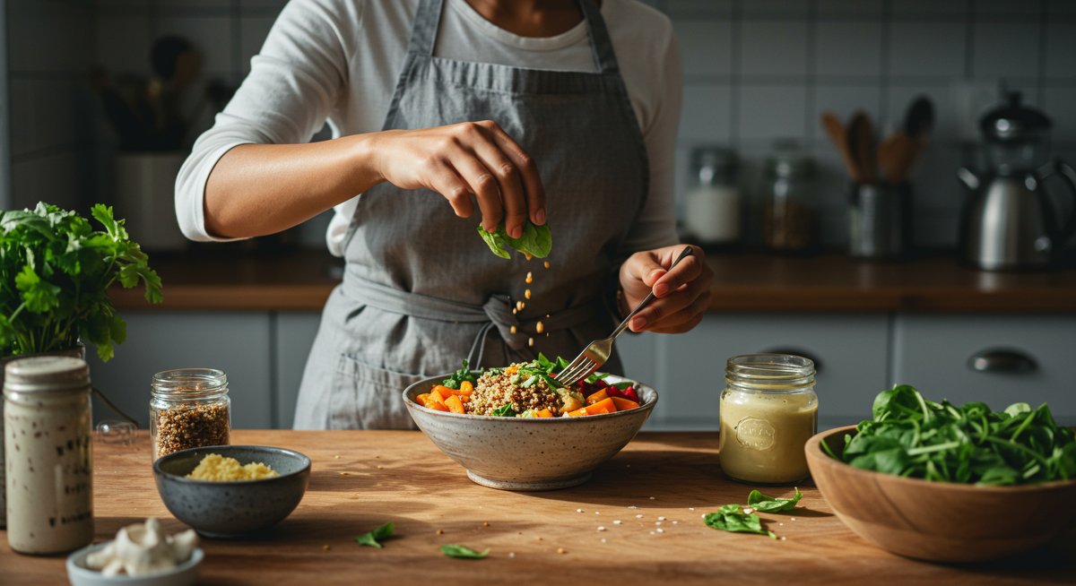 Vegan dinner recipe illustration: South Asian woman preparing colorful Buddha bowl with quinoa, roasted vegetables, and tahini dressing in a modern kitchen