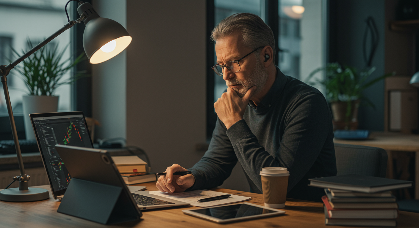 Experienced crypto trader troubleshooting a stuck swap in a modern co-working space, analyzing charts and researching solutions on multiple devices.