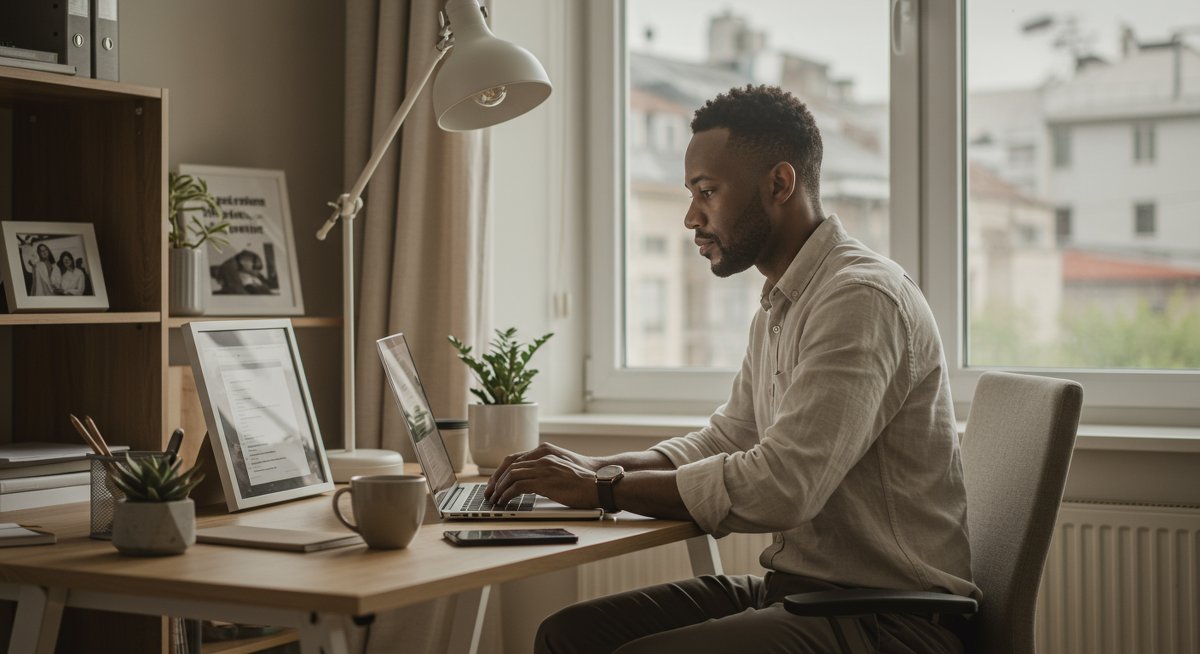 Confident remote worker in modern home office with natural light, focused on laptop work, surrounded by productivity essentials