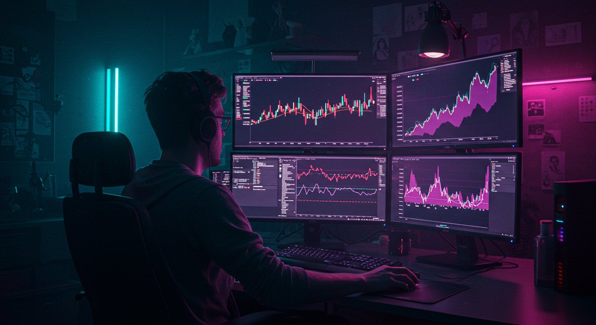 Crypto trader analyzing Pepecoin surge with Pump.fun charts in dark room setup