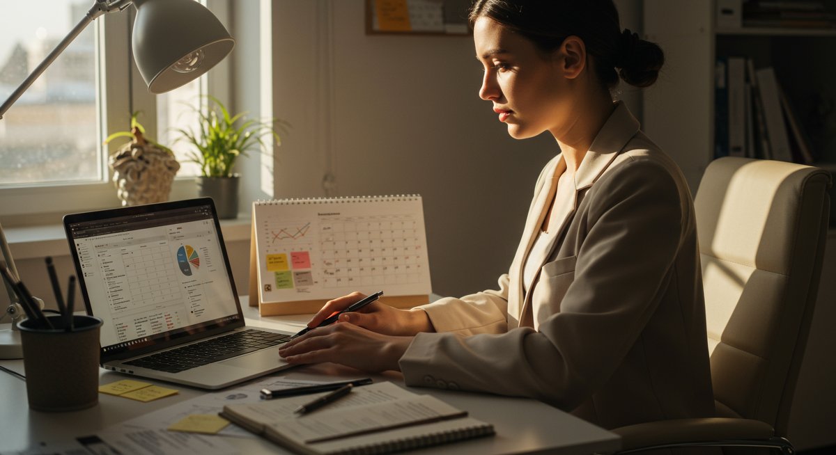 Minimalist finances 2025: Simplify your budget for stress-free living - woman in organized workspace managing personal finances