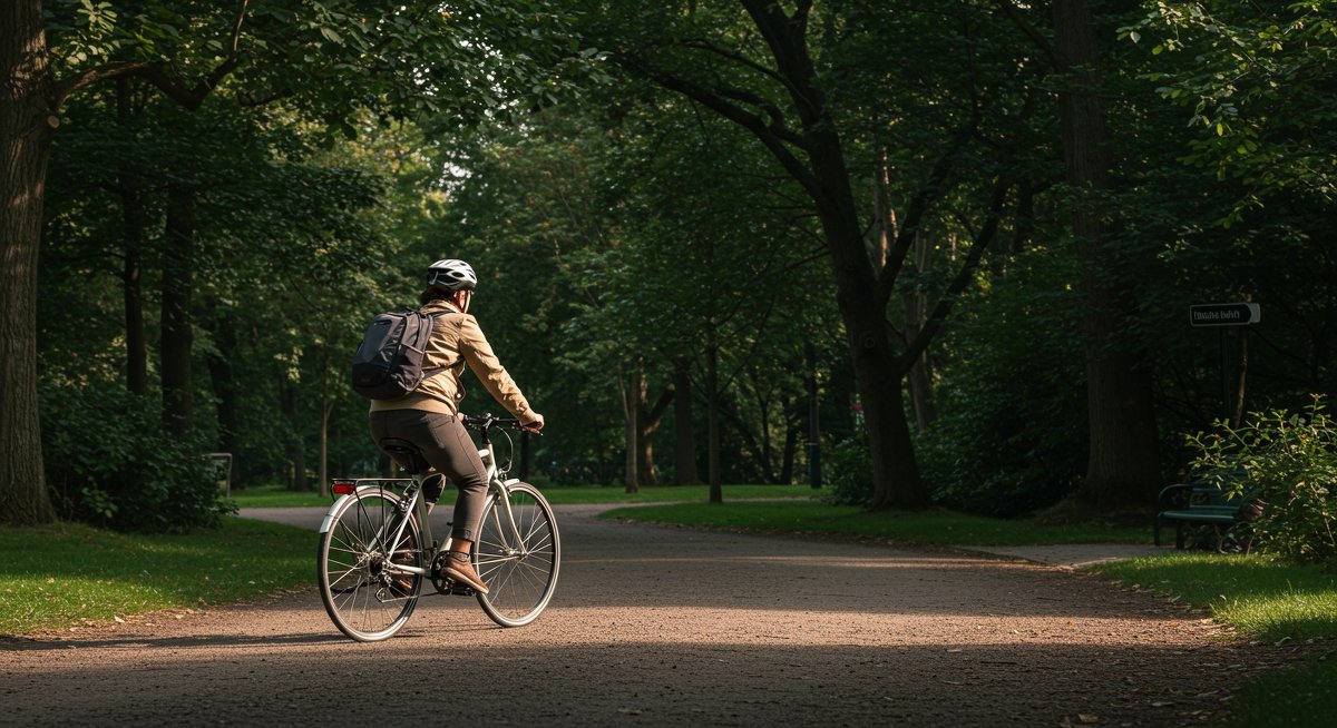 Eco-friendly commuting solution showing a person cycling through a park with sustainable transportation accessories