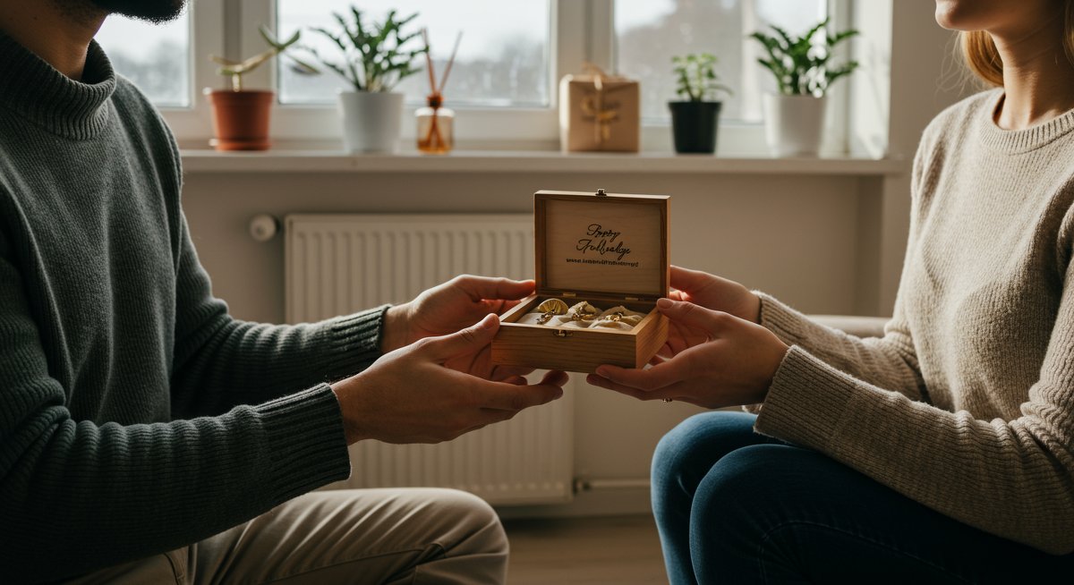 Eco-friendly gifts guide: Sustainable shopping for any occasion - couple exchanging handmade wooden jewelry box and potted succulent wrapped in recycled paper