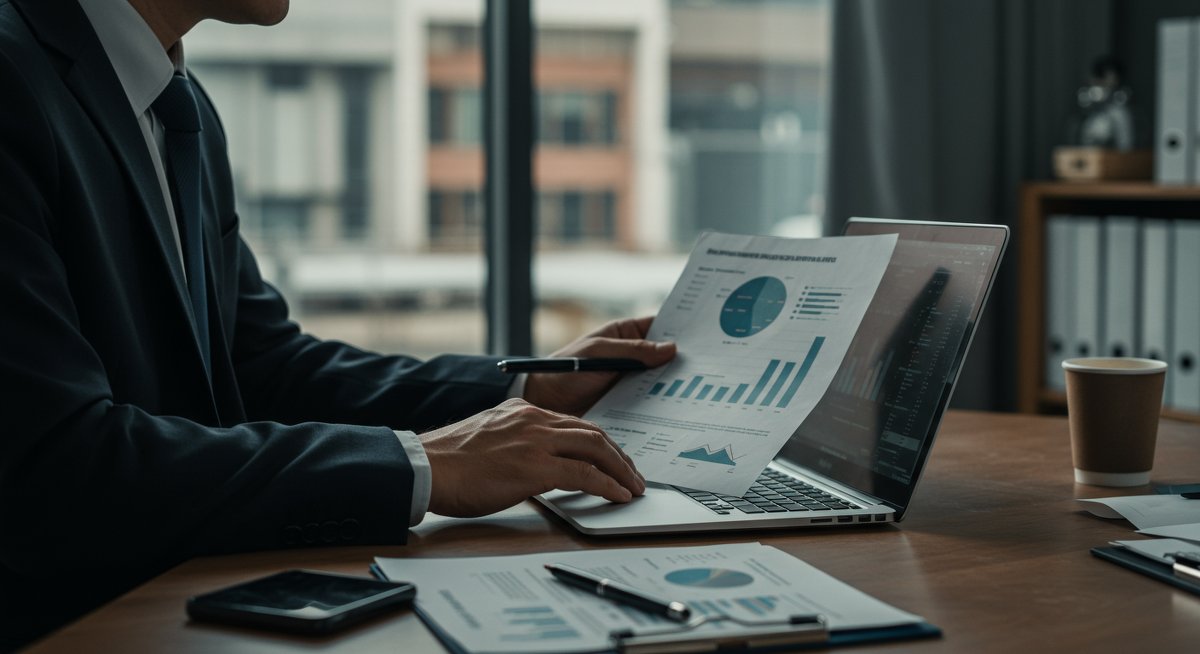 European investor analyzing P2P platform closure strategies with digital documents and charts in a modern office